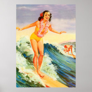 Poster Havaí, menina em uma onda grande, vintage do