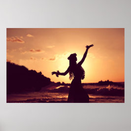 Poster Havaí, silhueta de garota hula no pôr do sol, foto