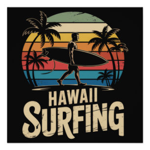Póster Havaí Surf Retro - Surfista Vintage Praia do Pôr d