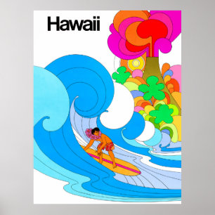 Poster Havaí, surfando em grande onda, ilustração dos ano