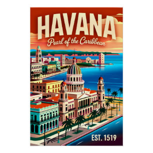 Póster Havana Antiga Cuba Pérola do Caribe Retro