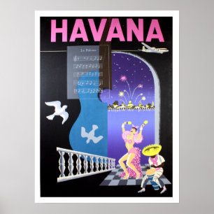 Poster Havana, Cuba, noites de dança, linha aérea do