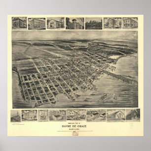 Póster Havre de Grace Maryland 1907 Mapa Panorâmico Antiq