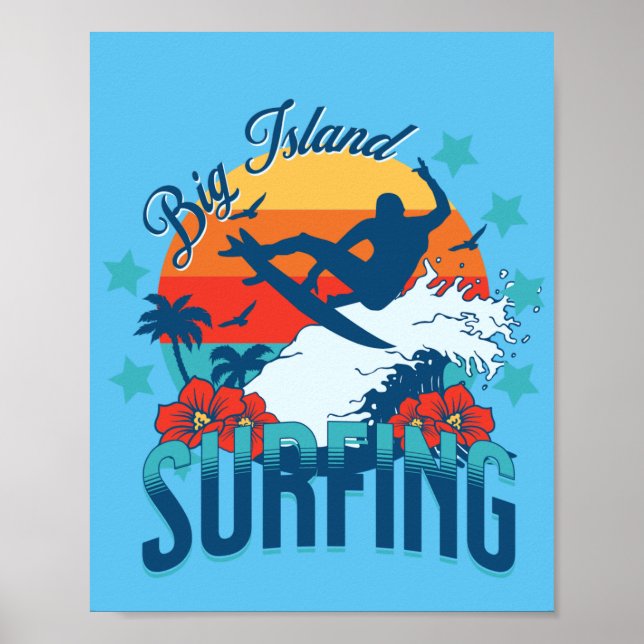Poster Hawaiai Art Big Island Estilo Vintage Surfing (Frente)