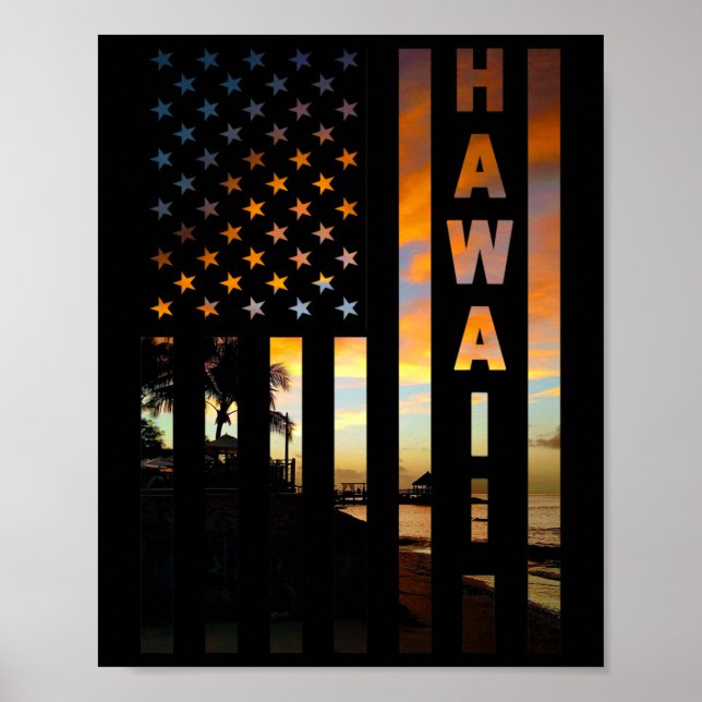 Poster Hawaii Sunset American Flag Honolulu Hawaiian Isla (Frente)