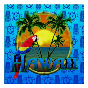Póster Hawaii Sunset Blue Tiki