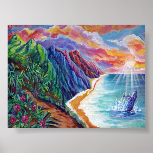 Poster Hawaiian Humpback Whale Break no Sunset (Frente)