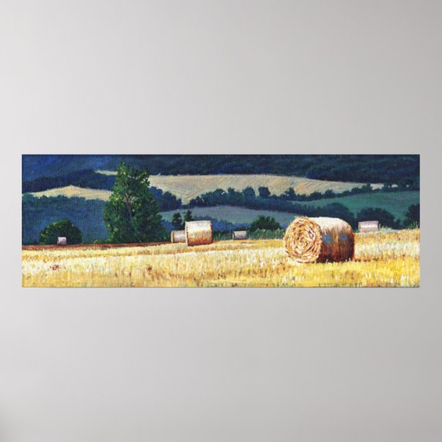 Poster Haybales sobre óleo na encosta da colina na canvas (Frente)