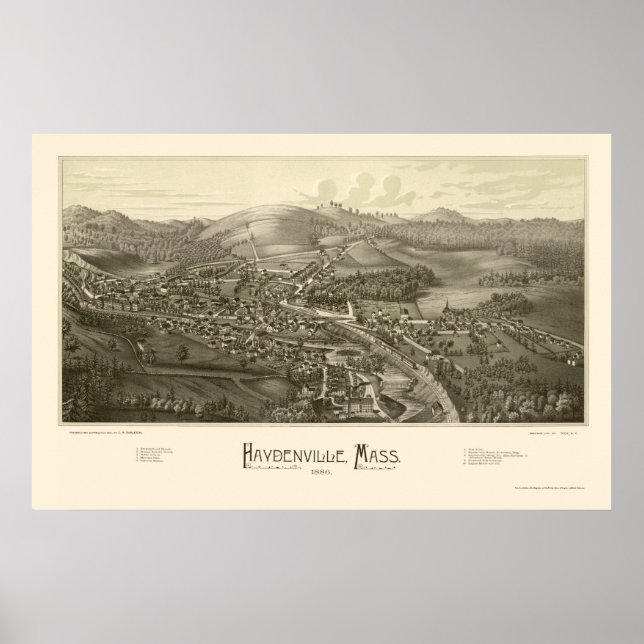 Póster Haydenville, Mapa Panorâmico do MÃE - 1886 (Frente)