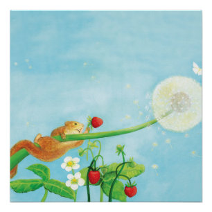Póster Hazel Dormouse, morangos selvagens e cascas de dan