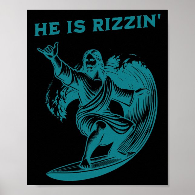 Poster He Is Rizzin Jesus Surfing Funny Retro Easter Vint (Frente)