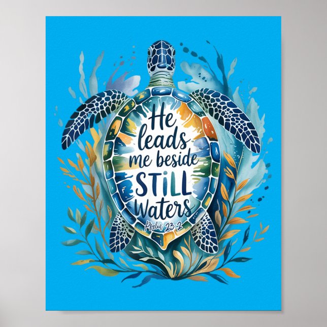 Poster He Leads Beside Waters Sea Turtle Psalm 23_2 Art (Frente)