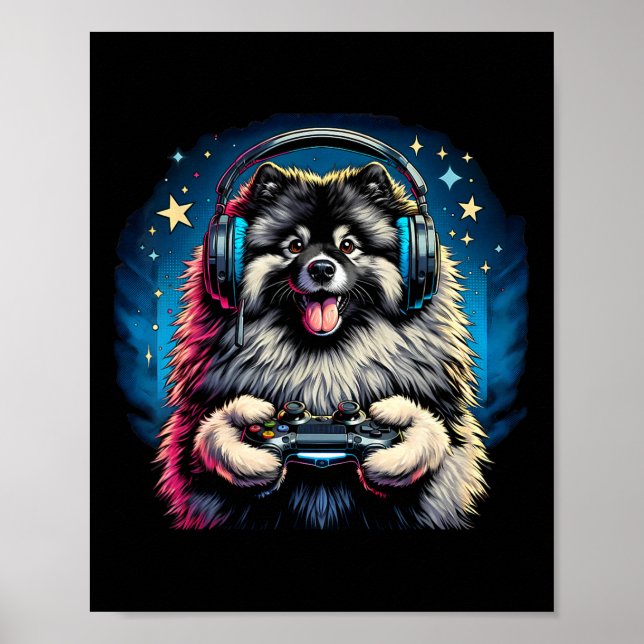 Poster Headphone Video Game Keeshond Dog Gaming  (Frente)