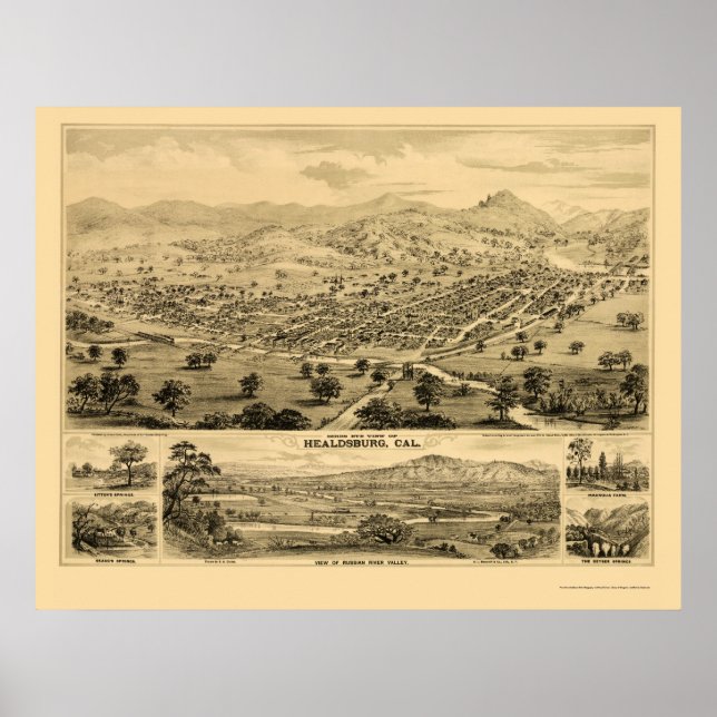 Poster Healdsburg, CA Panorâmica Map - 1876 (Frente)