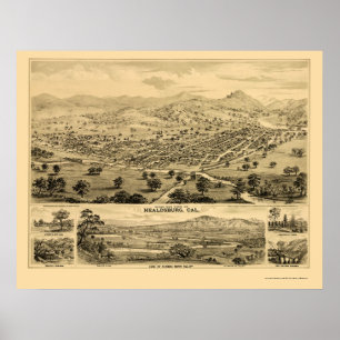 Poster Healdsburg, mapa panorâmico de CA - 1876