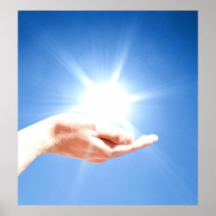 Póster Healing hands on blue background, reiki, chakra