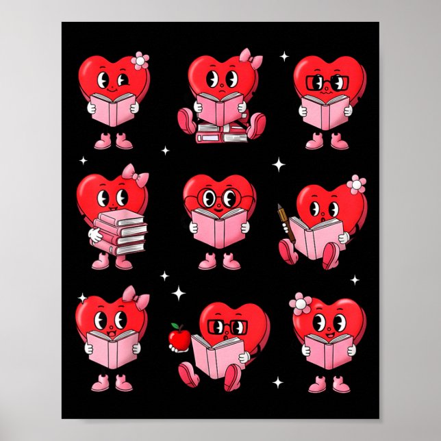 Poster Heart Reading Books Valentine Teacher Boy Girl Boo (Frente)
