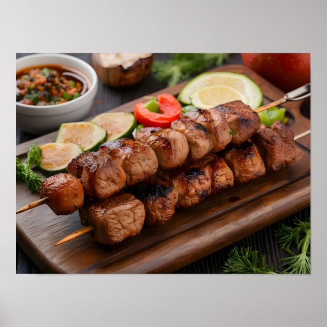 Poster Heart Shish Kebab com carne grelhada e vegetais (Frente)