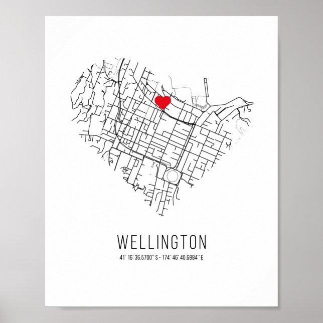 Poster Heart Wellington City Map (Nova Zelândia) (Frente)
