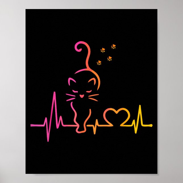 Poster Heartbeat Cat Lover Animal Silhouette Cute Cat  (Frente)
