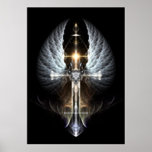 Poster Heavenly Angel Wing Cross Fractal Art Black Bkgnd