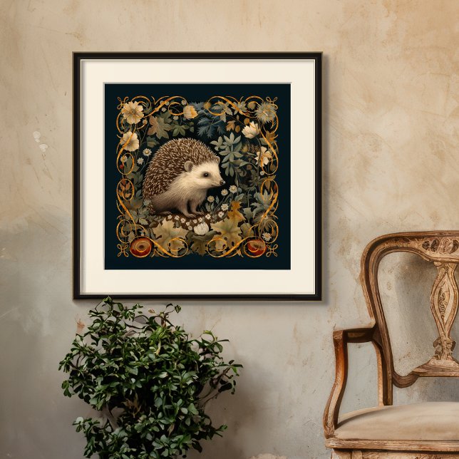 Póster Hedgehog no estilo Forest William Morris (Frame not included)
