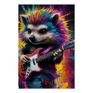 Póster Hedgehog toca guitarra, grafite de rock