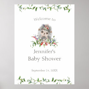 Poster Hedgehog Watercolor Floral Baby Shower Welcome