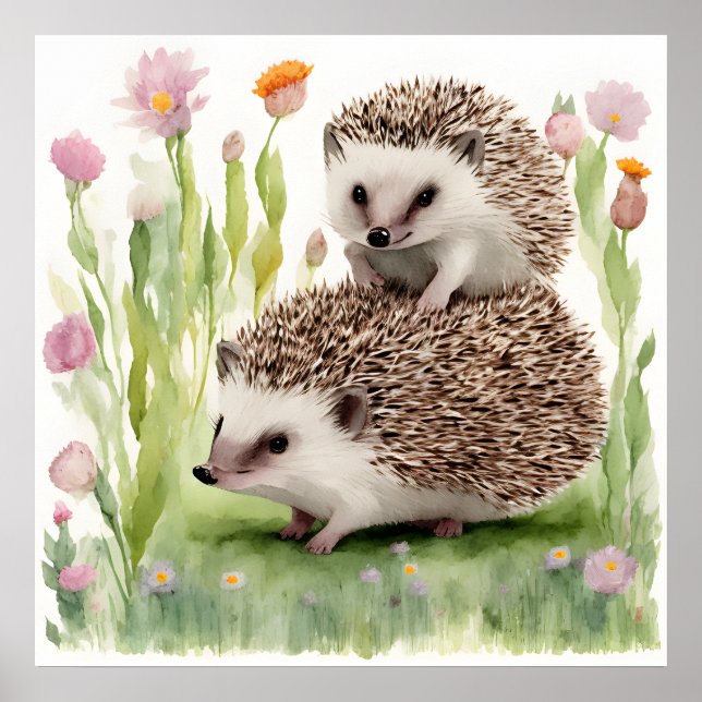 Poster Hedgehogs De Aquarela Adoráveis Com Flor (Frente)