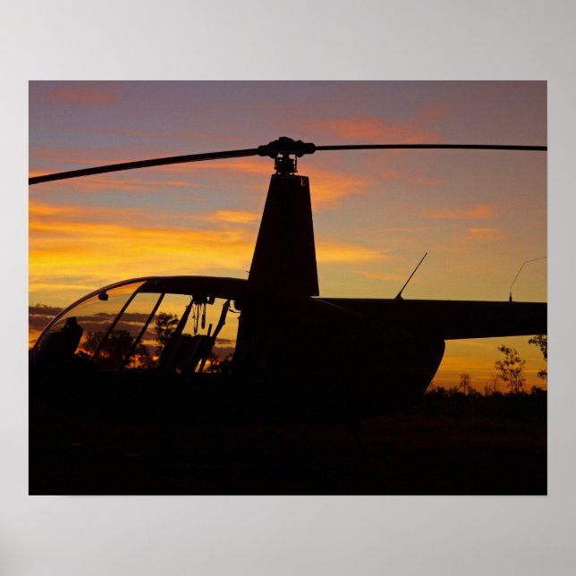 Póster Helicóptero Robinson R44 no pôr do sol (Frente)