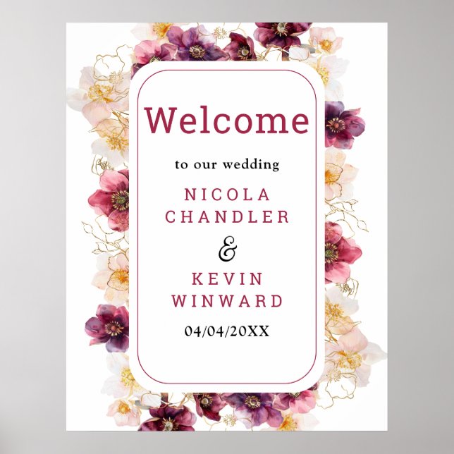 Poster Hellebore Floral Burgundy Wedding Welcome Sign (Frente)