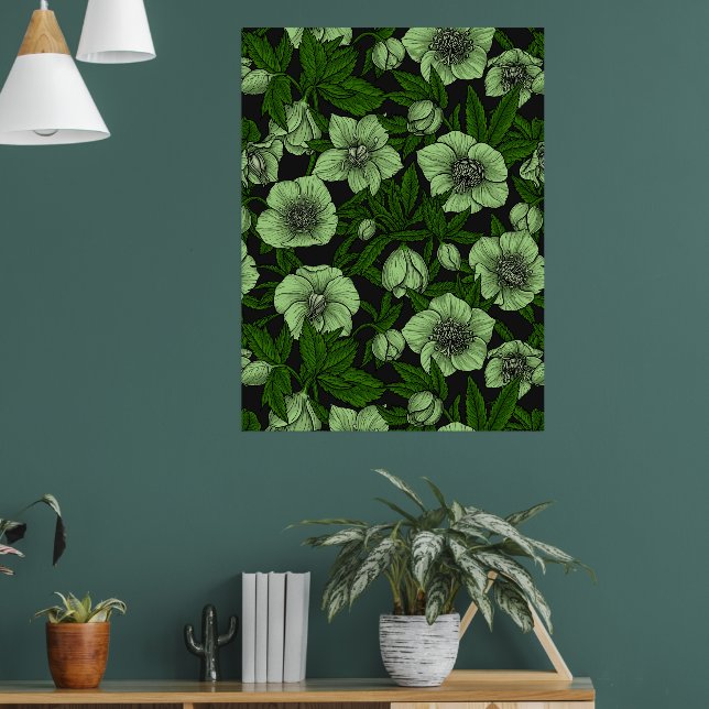 Poster Hellebores brancos com folhas (Sala de Estar 1)