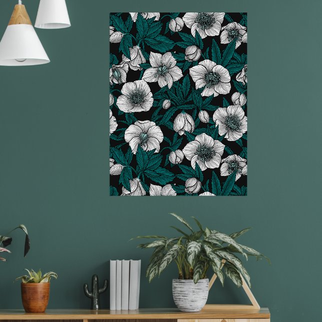 Poster Hellebores brancos com folhas azuis (Sala de Estar 1)