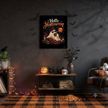 Hello Halloween Cute Ghost Drinking Coffee