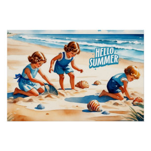Póster Hello Summer Retro Children brincando em uma praia