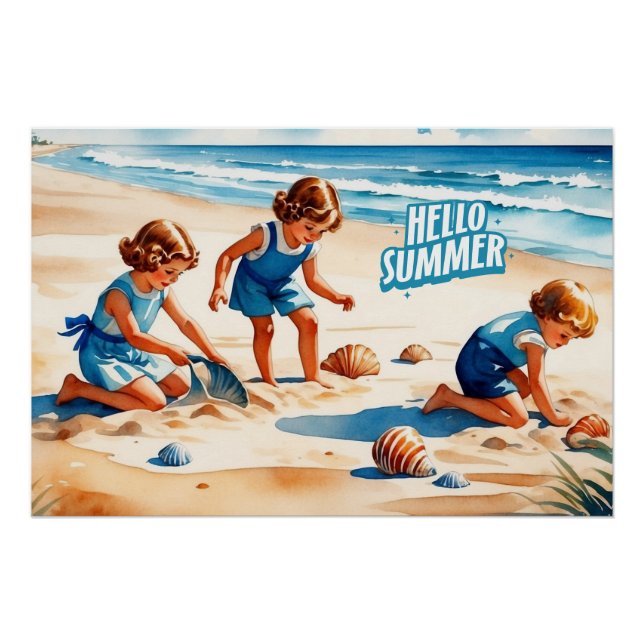 Póster Hello Summer Retro Children brincando em uma praia (Frente)