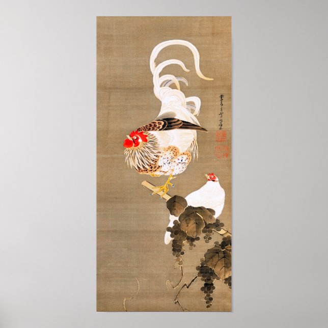 Poster Hen e Rooster com Grapevine por Ito Jakuchu (Frente)