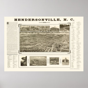 Póster Hendersonville, mapa panorâmico do NC - 1913