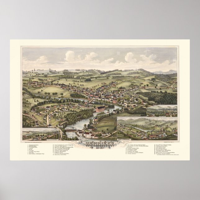 Póster Henniker, Mapa Panorâmico NH - 1889 (Frente)