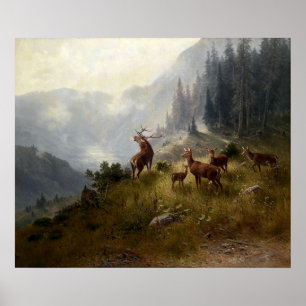 Poster Herança De Veado De Buck & Doe Na Paisagem Flores