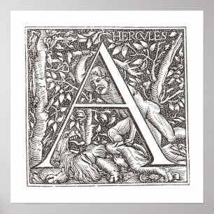 Póster Hercules que massacra o leão com letra um