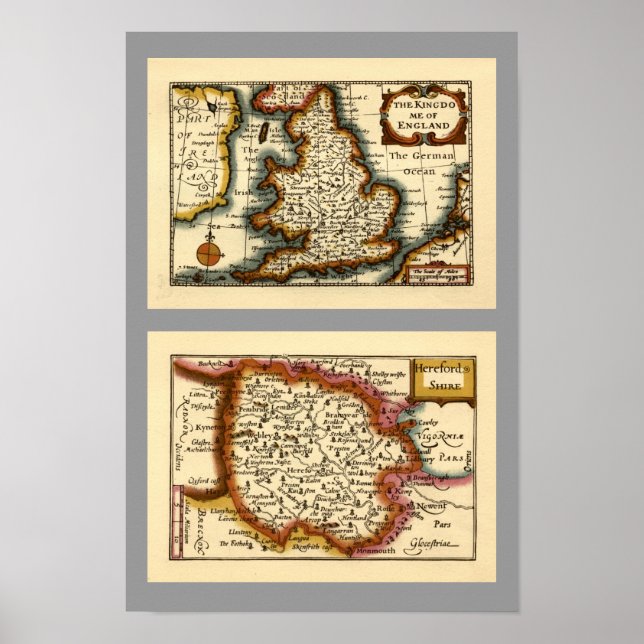 Póster Herefordshire County Map, Inglaterra (Frente)