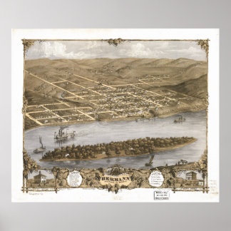Póster Hermann Missouri 1869 Mapa Panorâmico Antiquado
