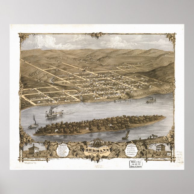 Póster Hermann Missouri 1869 Mapa Panorâmico Antiquado (Frente)