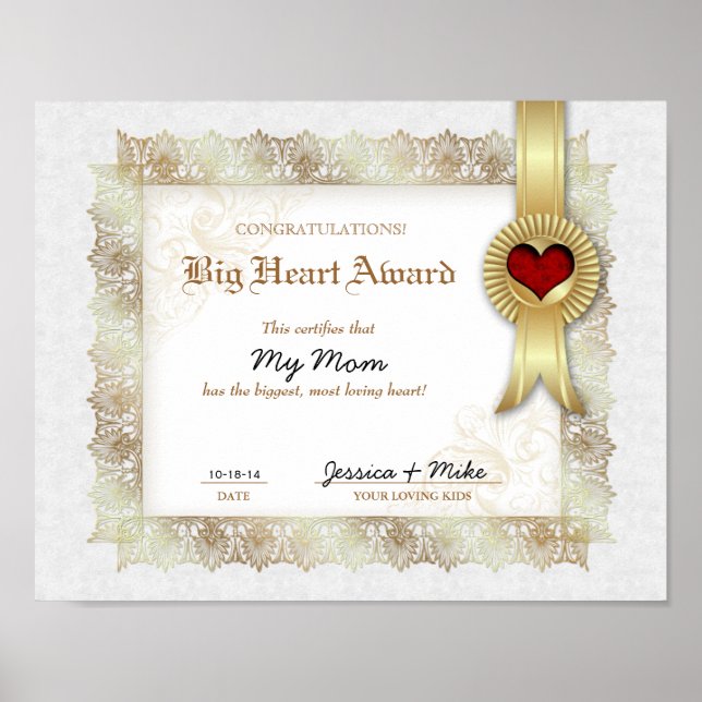 Póster Hero Heart Prêmio Certificate Best Mãe (Frente)