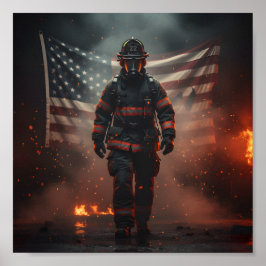 Poster Heroic Firefighter with American Flag Patriotic 