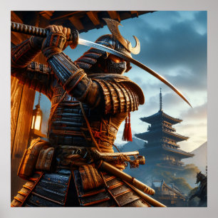 Poster Heroica Ouro Epic Samurai Warrior Arte Digital
