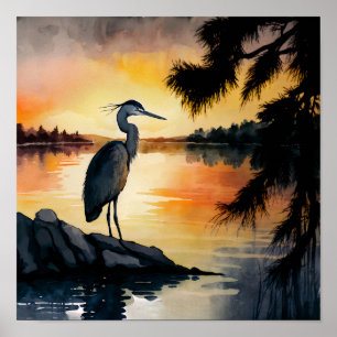 Poster Heron Assistindo a Cores d'Água do Sol