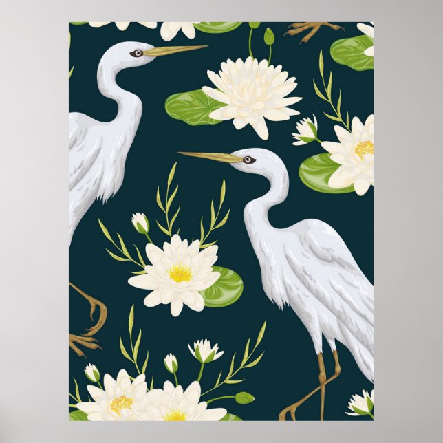 Poster Herons White Lily Green Foliage Watage Landscape (Frente)