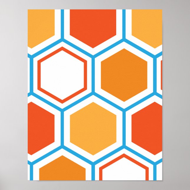 Poster Hexágono em laranja, azul e branco (Frente)